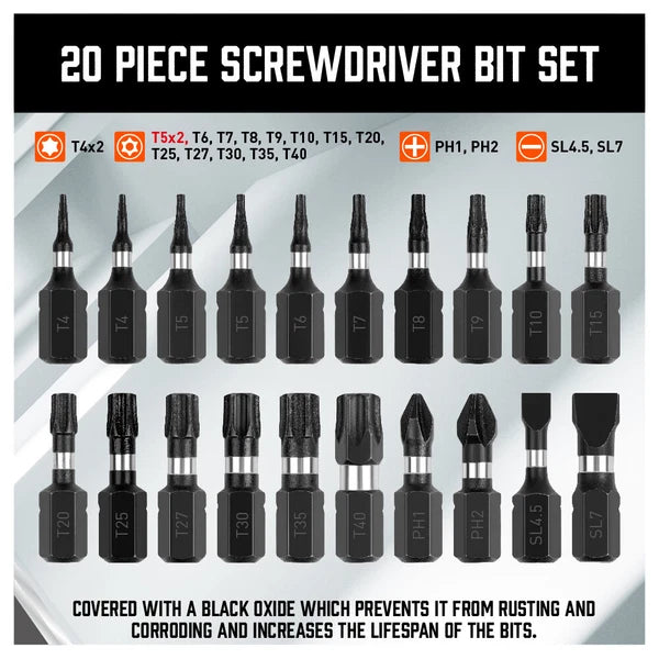 20pc Security Torx Bit Set TamperProof Star Impact Grade S2 T4-T40 PH1,2 SL4.5,7