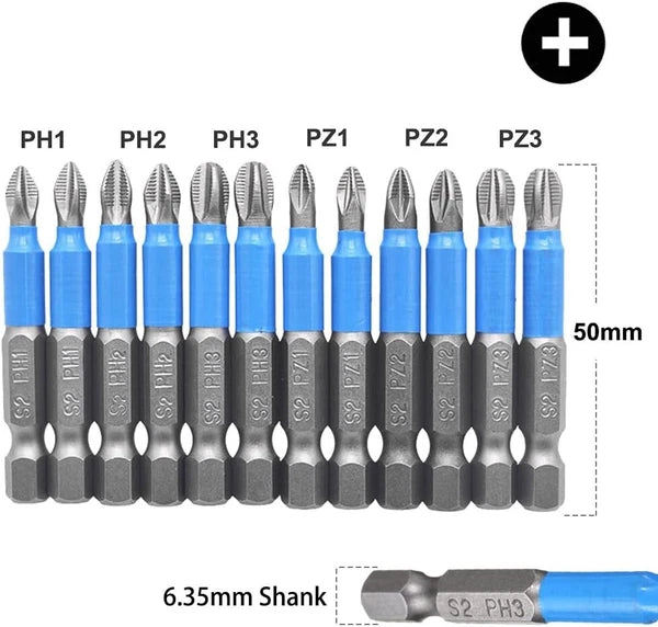 12Pcs Magnetic Phillips Pozidriv Screwdriver Bit Set 1/4 Inch Hex Shank Phillips