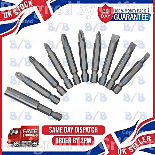 10 SCREWDRIVER DRILL BIT CORDLESS POWER POZI PHILIPS SLOTTED SET MAGNETIC HOLDER