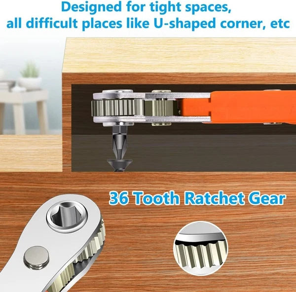 2-5PC Ratcheting Right Angle Screwdriver Hex Drive 90 Degree Offset + 10pc Bits