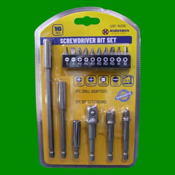 16pcs Screwdriver Bit Set, Pozi, Phillips, Flat, Square, Adapters, Extensions
