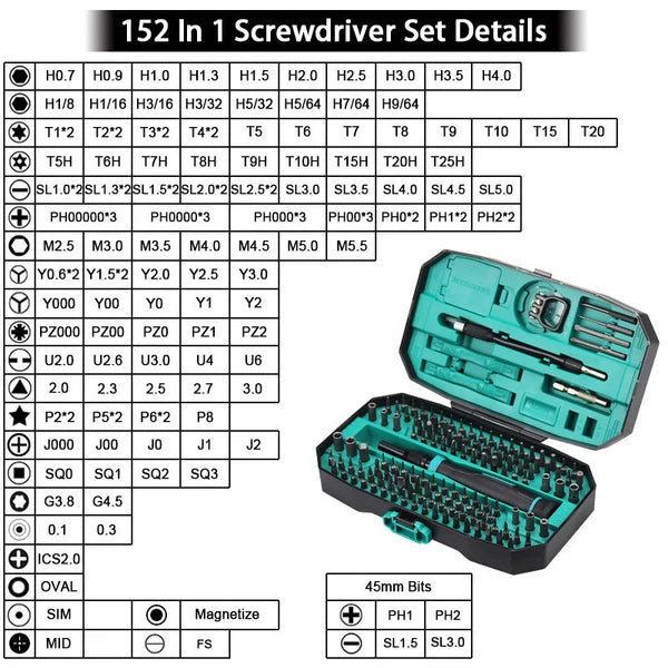 152 in 1 Precision Screwdriver Set PC Phone Laptop Tablet DIY Repair Tool Kit