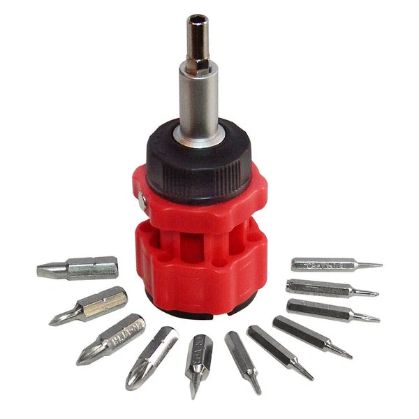 12-in-1 Ratcheting Compact Multi-Bit Short Stubby Screwdriver Set, Red