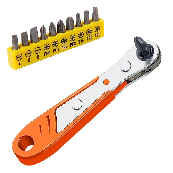 2-5PC Ratcheting Right Angle Screwdriver Hex Drive 90 Degree Offset + 10pc Bits